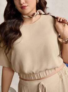 Zelara Conjunto casual de 2 piezas de talla grande consistente en una blusa de manga corta y cuello redondo de unicolor y shorts anudados para el verano