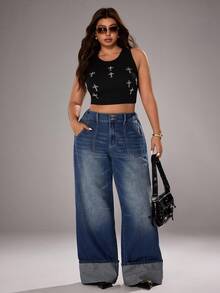 Jeanoix Quần jean ống đứng dáng rộng cho nữ cỡ lớn, quần cao bồi thường ngày không co giãn, thiết kế gấu bo gấu - Rửa trung bình - Xem 4