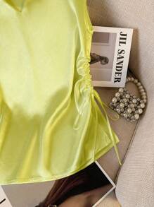 GlowEve 女式优雅纯色V领侧抽绳衬衫，夏季 - 黃色 - 查看 4
