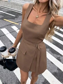 Serisse Bộ đồ liền thân không tay cổ vuông màu trơn thiết kế khóa thắt lưng cho nữ, phong cách đi làm mới mùa hè - màu nâu - Xem 1
