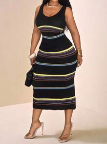 Slaydiva Damen Große Größen Sommer gestreiftes ärmelloses Top und Rock 2-teiliges Set, Große Größen körperbetontes Midi-Kleid, Große Größen gestreiftes Midi-Kleid, Kurvenreiches Midi-Kleid, Große Größen Sommerkleid, Große Größen Kleid für Kurven - Schwarz - Übersicht 9