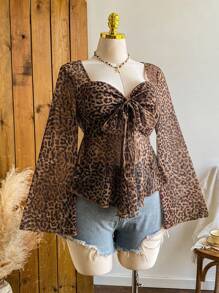 Comfortcana 大码女式复古豹纹泡泡袖圆领上衣，秋冬