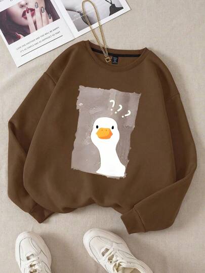Flirla Plus Size Women's Cartoon Duck Printed Crew Neck Sweatshirt,Back To School,Graduation,Teacher ,Back To School Fall Winter Autumn