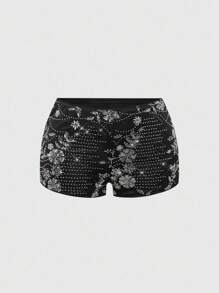 ROMWE Hippie Quần short mini cạp thấp siêu gợi cảm Y2K sequin lấp lánh màu hồng cho nữ, đi biển mùa hè - màu đen - Xem 1