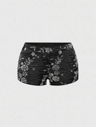 Hippie Short mini sexy à taille très basse avec paillettes brillantes roses, style Y2K. Parfait pour l'été et la plage