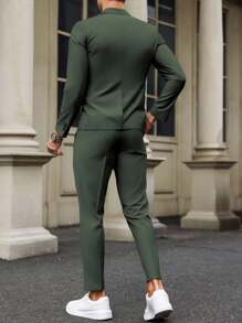 Calvornis 男士简约纯色翻领西装外套和裤子套装，适合工作和通勤 - 軍綠色 - 查看 2