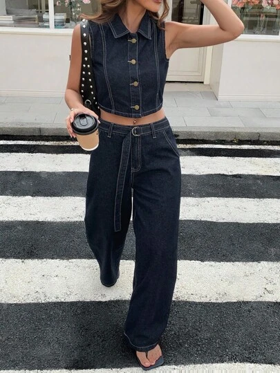 DAZY 2 件女式休闲牛仔套装：无袖领短款上衣和宽松休闲裤，街头风格