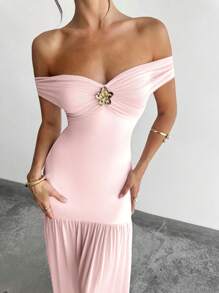 Firerie 女士优雅仙女粉色单肩金属连衣裙/长裙/毕业礼服海滩度假，奶油黄色连衣裙/花园派对和其他场合/女士骄傲服装/女士假期服装/斯德哥尔摩风格/生日礼服/返校礼服，返校服装，女士办公室服装，返校服装 - 粉色 - 查看 2