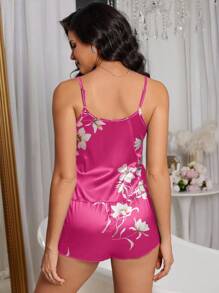LuxeNights Silk-Like Printed Camisole & Shorts Pajama Set - Hot Pink - View 2