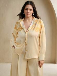 Anewsta 女士优雅日常休闲装，宽松黄色印花长袖开襟衬衫和阔腿裤套装，适合婚礼派对 - 黃色 - 查看 5