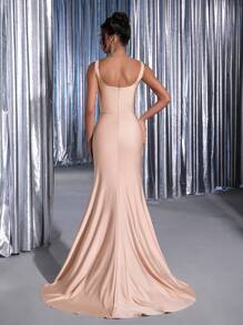 Glamrae Váy đuôi cá xếp nếp dệt kim co giãn đính hạt sequin lấp lánh sang trọng thanh lịch, thích hợp cho đám cưới, tiệc cocktail, ngày lễ, dạ hội, váy dạ hội (được tô điểm nhiều) - Màu be - Xem 3