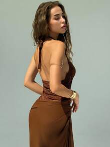 Aloruh Women Seductive Coffee Brown Summer Tropical Cocktail Wedding Guest Dress Lace Splice Halter Open-Back Side Cut-Out Bodycon Ruched Long Dress - Brown - View 8