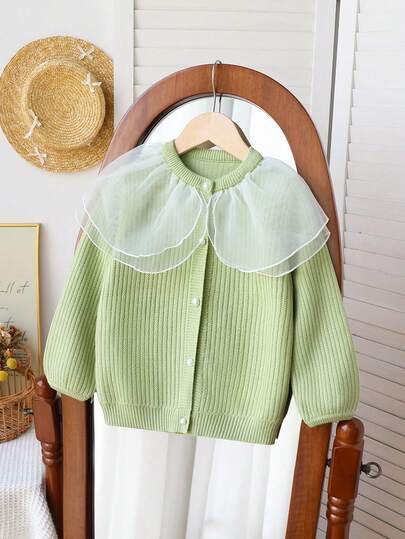 Souflis Souflis Jeune fille Cardigan vert à volants en maille contrastée pour l'automne et l'hiver