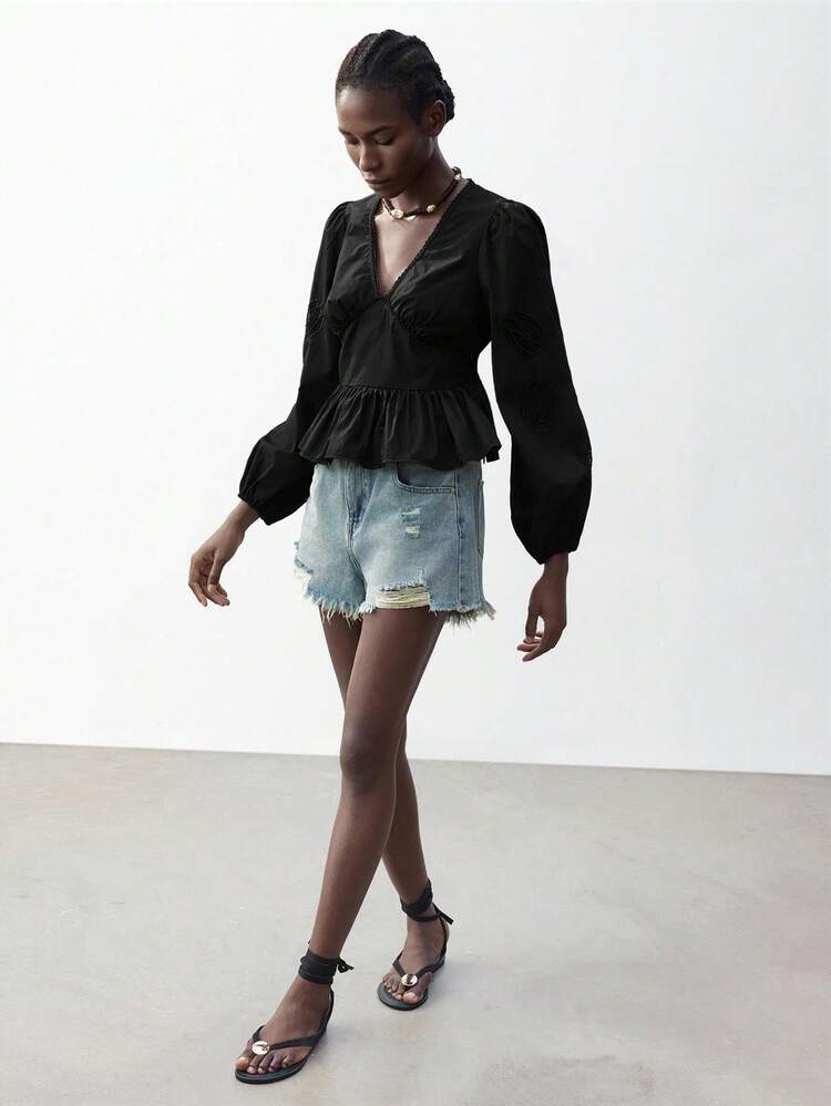 SHEIN Maija Women's Black Summer Blouse With V-Neck, Ruffled Decorative Waist, Hollow Patchwork Puff Sleeves, Stretch Cuff, Sexy & Chic, Suitable For Beach, Vacation, Commute, Office Or Casual Wear