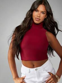 MISSGUIDED Sleeveless Mock Neck Crop Top High Neck Form Fitting Summer Tank Fashion Basic Essential Turtleneck Fitted Clubwear Evening Party Fall Winter Spring - Brown - View 1