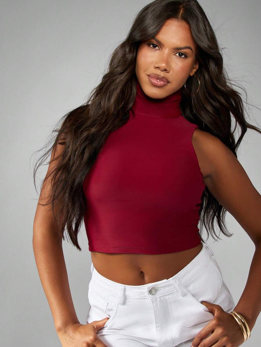 MISSGUIDED Sleeveless Mock Neck Crop Top High Neck Form Fitting Summer Tank Fashion Basic Essential Turtleneck Fitted Clubwear Evening Party Fall Winter Spring - Brown - View 1