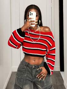 BamGleam Suéter de punto para mujer, casual de uso diario, con rayas de contraste y bajo asimétrico, suéter de punto para otoño e invierno - Rojo y blanco - Ver 4