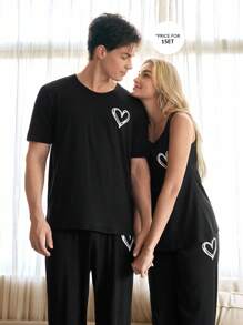 SHEIN 柔软亲肤心形印花男士睡衣套装 - 黑色 - 查看 5