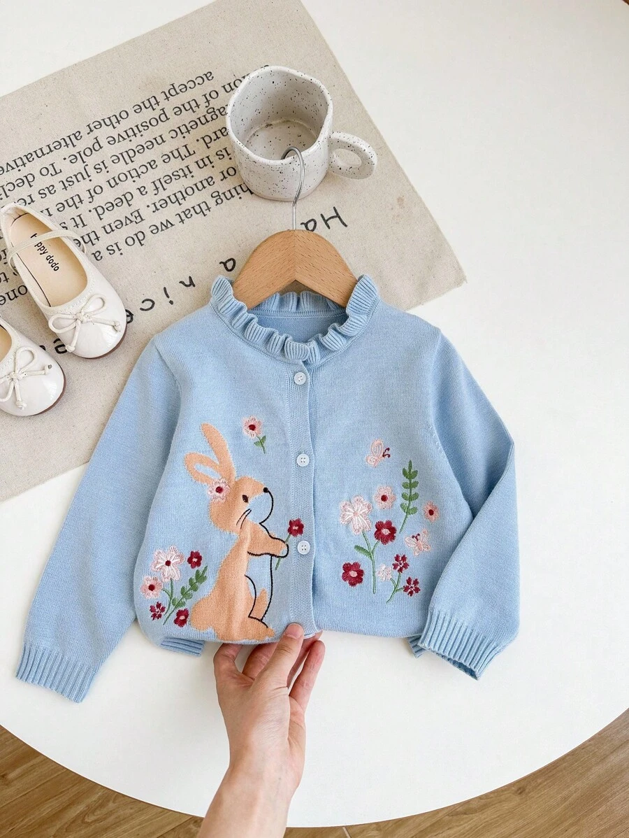 SHEIN LMoss Kids LMoss Cute Cartoon Print Long Sleeve Cardigan Sweater For Baby Girls, Autumn Winter Embroidered Baby Cardigan Baby Girl Sweater Bunny Fall - Baby Blue - View 1