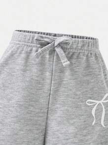 SHEIN Explorewe 女童阔腿运动裤，蝴蝶结腰带，蝴蝶印花，休闲校园风，灰色，适合秋冬季返校季穿着。