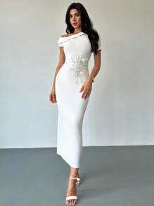 Firerie فستان أبيض كاجوال أنيق للنساء، مزين بالترتر، كتف مكشوف غير متماثل/ملابس نسائية للخريف/ملابس للذهاب إلى العمل/ملابس المعلمات/ملابس للعودة إلى المدرسة/ملابس الطبقة المتوسطة/ملابس كاجوال للعمل/ملابس مكتبية للنساء/ملابس للحفلات البيضاء - الأزرق - مشاهدة 9