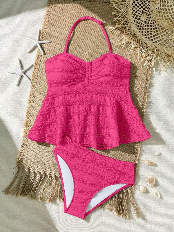 Tankinis para adolescentes en tejido jacquard de color liso, diseño de copa plisada, traje de top estilo europeo y americano para vacaciones en la playa, corte aleatorio para el verano