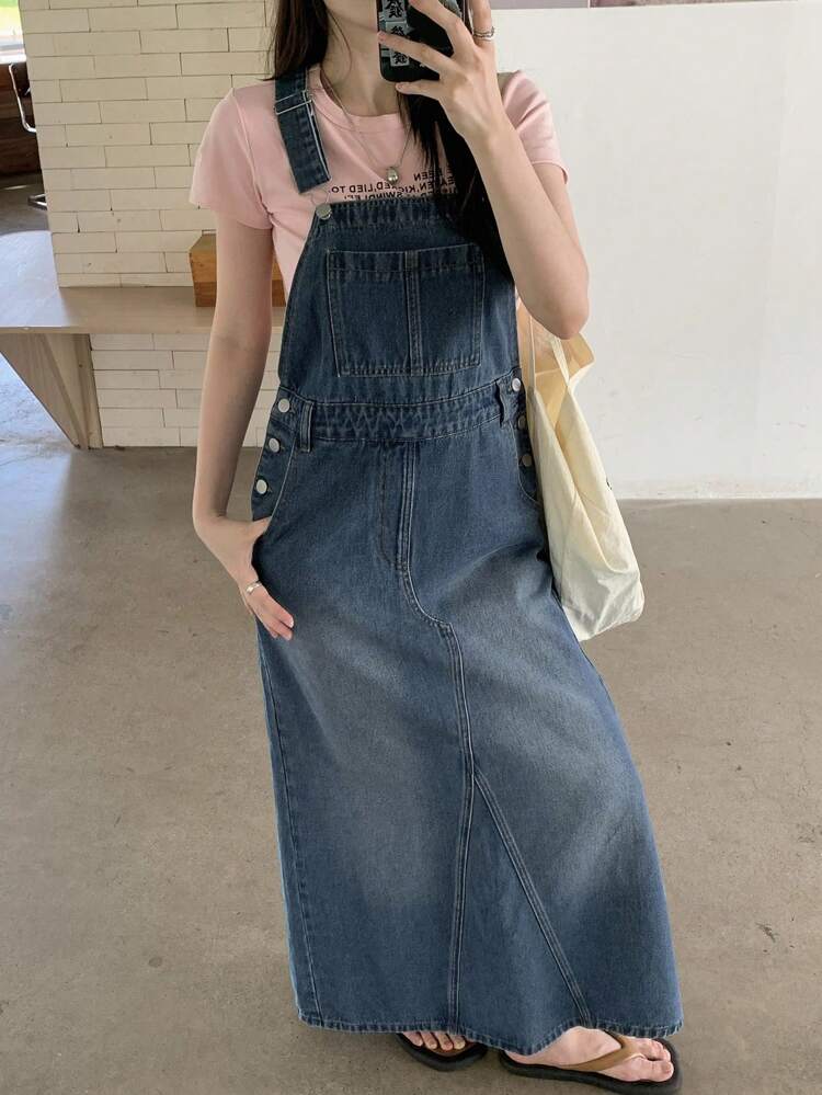 Women Casual Washed Denim Suspender Dress