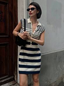 DAZY Women Sleeveless Striped Polo Collar Short Sweater Dress - Black - View 1