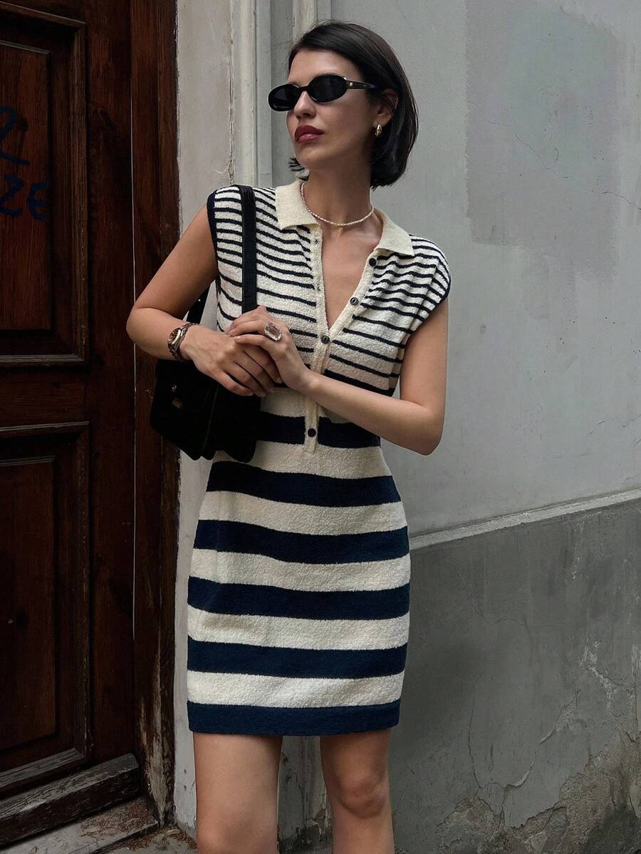 DAZY Women Sleeveless Striped Polo Collar Short Sweater Dress - Black - View 1