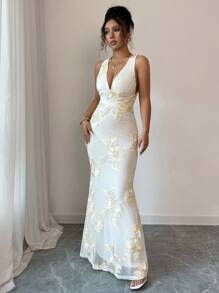 Rafferiza Mesh Floral Bodycon Long Dress For Women Summer Dress Looks Of Party - Yellow - View 6