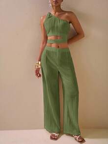 Zivah 2025春夏新款优雅度假休闲通勤母亲节婚礼季音乐节派对街头俱乐部白色纹理面料单肩扭纹细节腰部镂空上衣与阔腿长裤带口袋两件套 - 軍綠色 - 查看 7