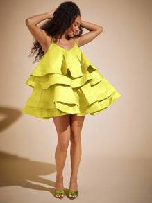 Vixey 层叠夸张荷叶边吊带连衣裙，波西米亚风，女士早午餐装，度假装，春季装，夏季装，夏季连衣裙，复活节装 - 黃色 - 查看 2