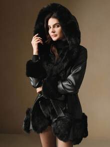 Anewsta Áo khoác thu đông cổ lông giả chắp vá eo thắt eo, thanh lịch, trang trọng, dự tiệc, sang trọng, thích hợp cho năm mới, giáng sinh, đi làm, tốt nghiệp - màu đen - Xem 5