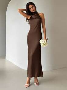 Aloruh 女式性感优雅长款缎带露背修身缎面连衣裙 - 棕色 - 查看 6