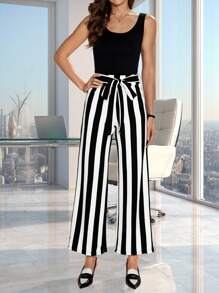 SHEIN Clasi 素色背心上衣和條紋圖案腰帶闊腿褲 - 黑與白 - 查看 4