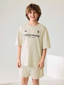 JNSQ Nuevo Set de camiseta y pantalones cortos casuales unisex de verano para niños, camiseta deportiva y shorts de ajuste holgado con estampado de cintura Elastic divertido para niño, 2 piezas Outfit