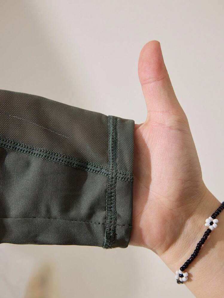 Activina Wide Waistband Phone Pocket Mesh Insert Top-stitching Sports Leggings - Army Green - View 8