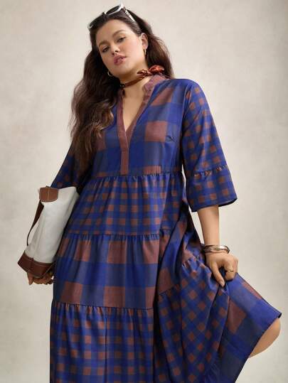 SHEIN LUNE SHEINLUNE 女式加大码双色格纹拼布休闲度假 V 领中长连衣裙，春夏，女士西装，波西米亚风，嬉皮士风，女牛仔装，波西米亚风，节日，女士夏季服装，女士音乐会服装，狂欢节服装，女士复活节连衣裙，春假服装，女士端庄服装，毕业礼服夏季波西米亚风复古风女士夏季服装春假狂欢节服装节日春假服装