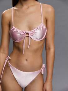 TypaGal Bộ bikini dây mảnh thắt nút màu trơn dành cho nữ - Hồng - Xem 5