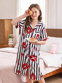 SHEIN 女童仿丝条纹红唇印花衬衫裙 - 彩色 - 查看 4