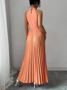 Elenzga 女士优雅浪漫假日褶皱连衣裙 - 橘色 - 查看 2