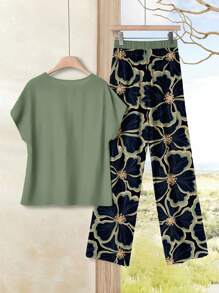Rusticease Women's Casual Plants-Pattern Pants And Round Neck Batwing Sleeve Blouse Set In Woven Fabric Women Summer Outfits Floral Print Pants Set Matching Sets For Women Two Pieces Pant Sets 2 Pieces Outfits For Women