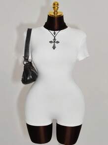 Amplova Plus Size Women 2pcs Set: Crew Neck Bodycon Romper With Metal Button Decor Waistband - Black and White - View 9
