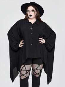 Goth 大码女式哥特式不对称下摆蝙蝠袖宽松衬衫，万圣节 - 黑色 - 查看 3