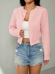 SHEIN PETITE 女士休闲纯色短款开衫 粉色开衫 秋冬女款 - 粉色 - 查看 3