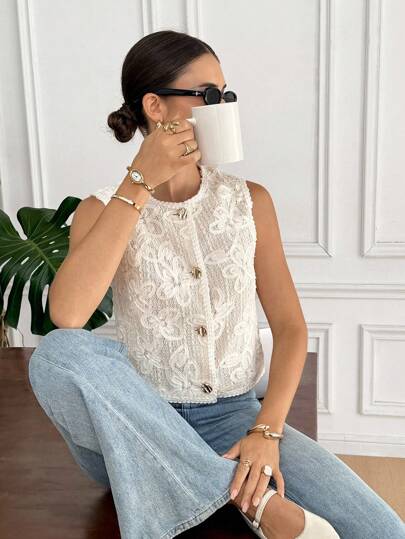 Serisse Chaqueta de chaleco elegante de un solo aliento con estampado floral jacquard para mujer