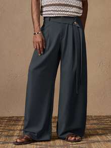 AKNOTIC 男士休闲宽松松紧腰阔腿裤纯色卡其色长裤适合夏季、度假、日常搭配、聚会、情侣、男士礼物、秋季 - 灰色 - 查看 5