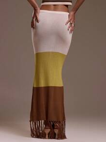 MUSERA Low Rise Knit Tassle Hem Ombre Maxi Skirt Ibiza Fits Holiday Vacation Sexy Beach Romantic Elegant Occasion Birthday Boho Rafia Fall Thanksgiving Chic