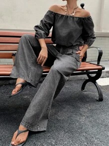 DAZY 2pcs Women's Off Shoulder Long Sleeve Cropped Denim Top And Loose Casual Pants Jeans Set, Casual Outfit - Grey - View 1