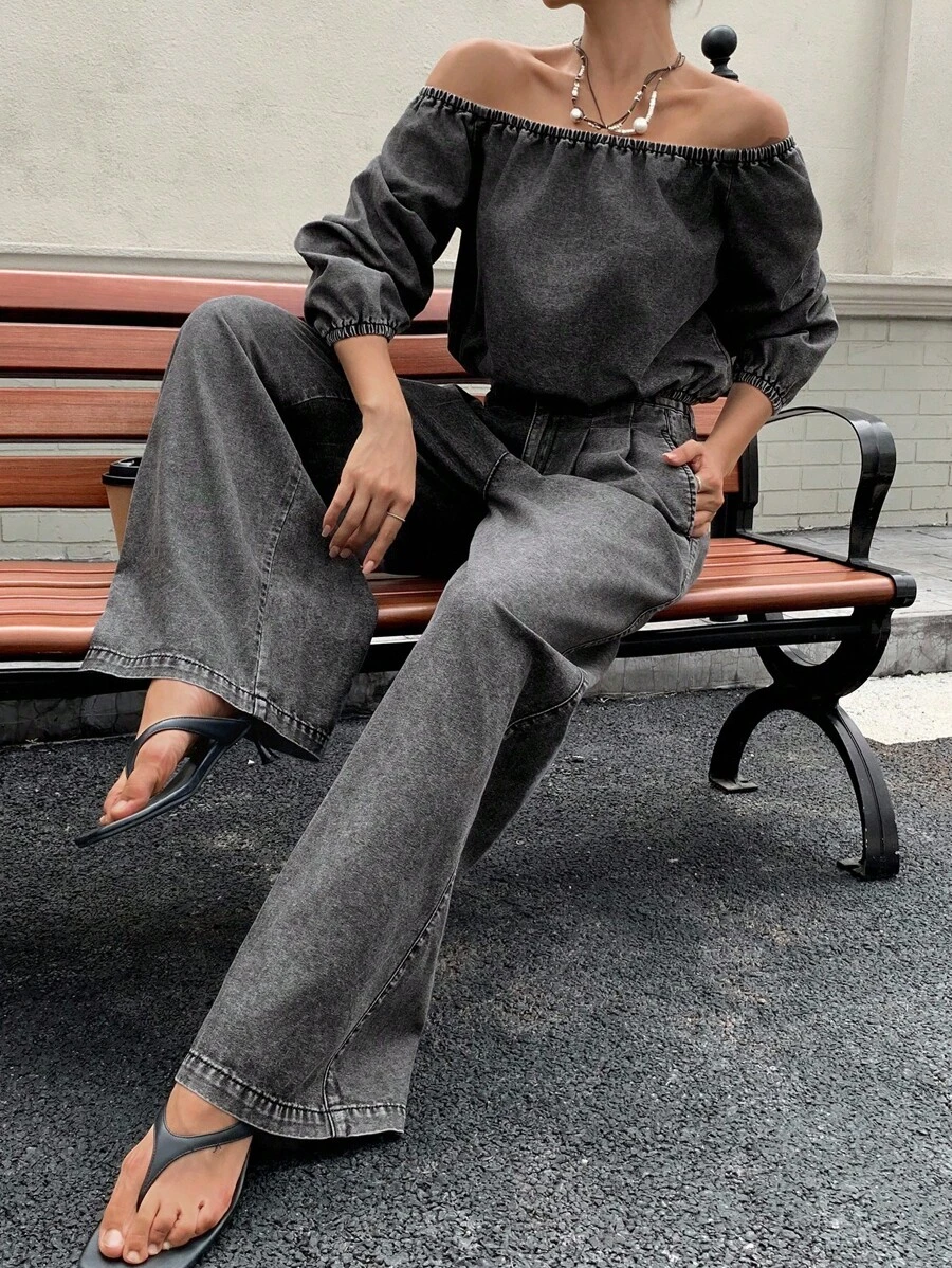 DAZY 2pcs Women's Off Shoulder Long Sleeve Cropped Denim Top And Loose Casual Pants Jeans Set, Casual Outfit - Grey - View 1